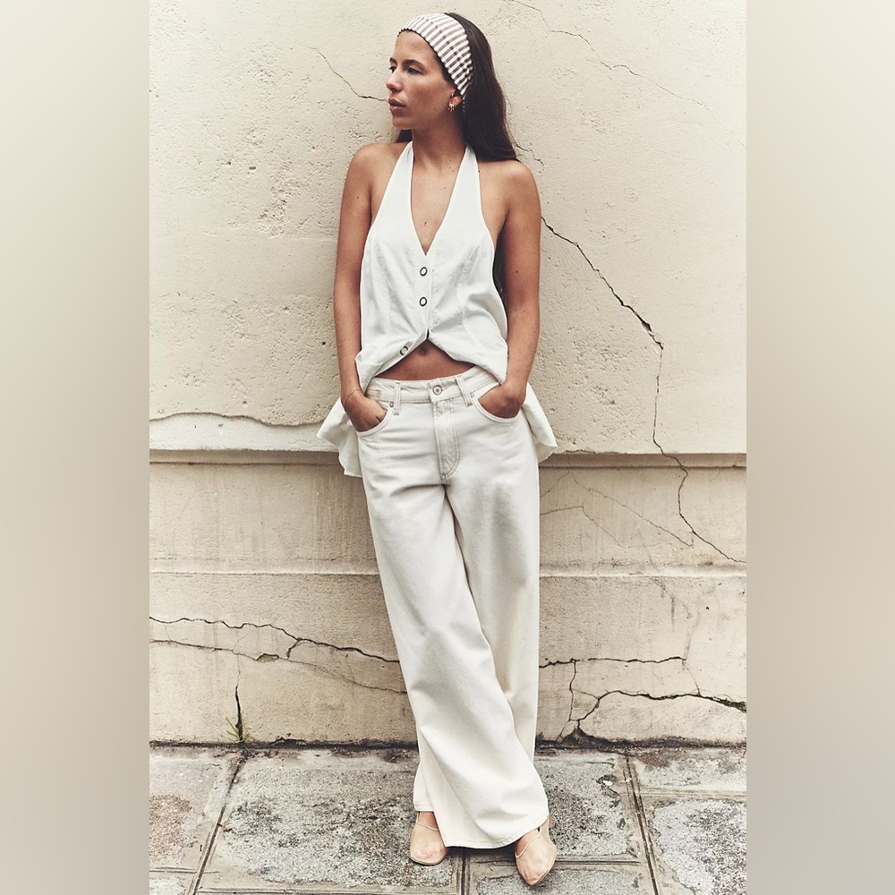 Free People Cream Wide-Leg Flare Jeans